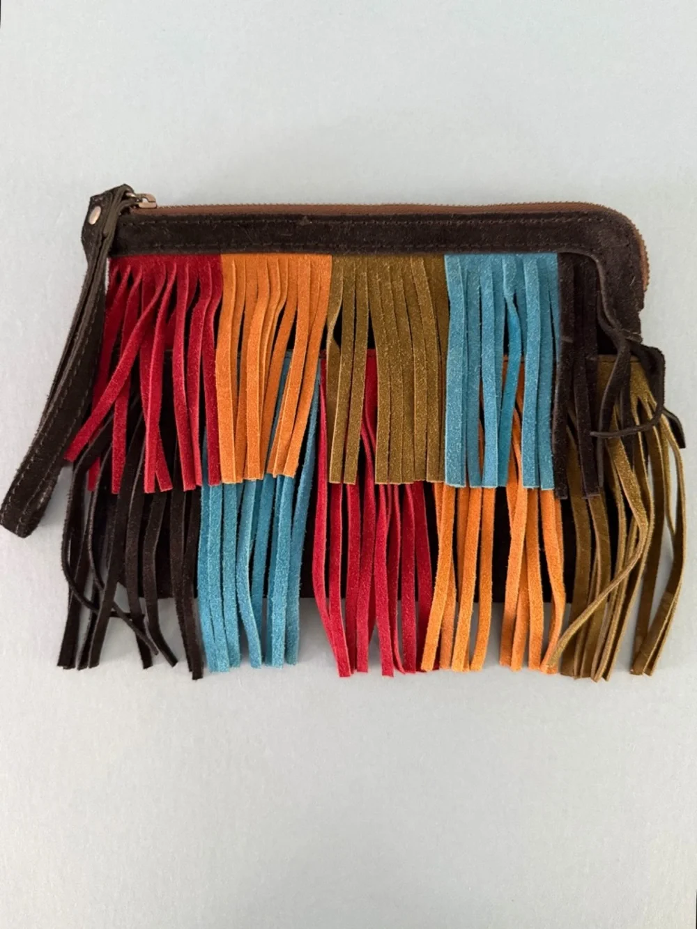 Patricia Nash Cassini Fringe Suede Western Boho Multicolor Wristlet Clutch Purse